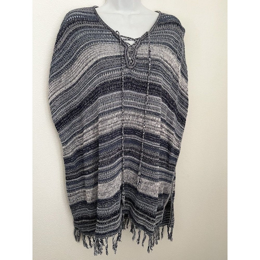 Tommy Bahama Poncho Sweater Women's One Size Blue Stripe Knit Pullover Fringe
